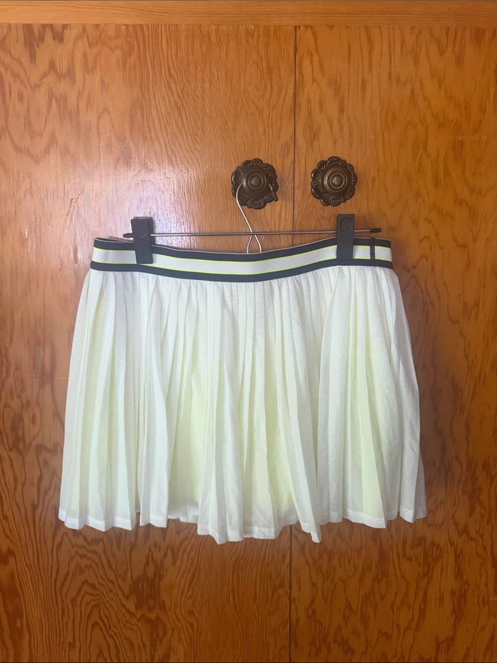 Wilson White Mesh Pleated Tennis Skirt with Navy Waistband and Neon Shorts